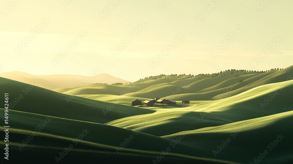 Obraz premium Serene Sunrise over Rolling Green Hills and Farmhouse