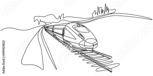 High-speed railway continuous one line drawing. High speed train single line art illustration. Editable vector, Continuous one line drawing. Modern high speed passenger commuter train.
