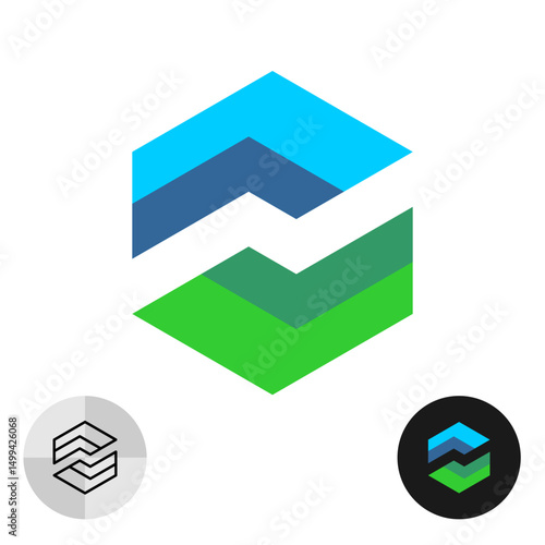 Hex industrial or technical logo with negative space bolt symbol, sky blue and plant green colors. Hexagonal minimalistic cornered tech icon
