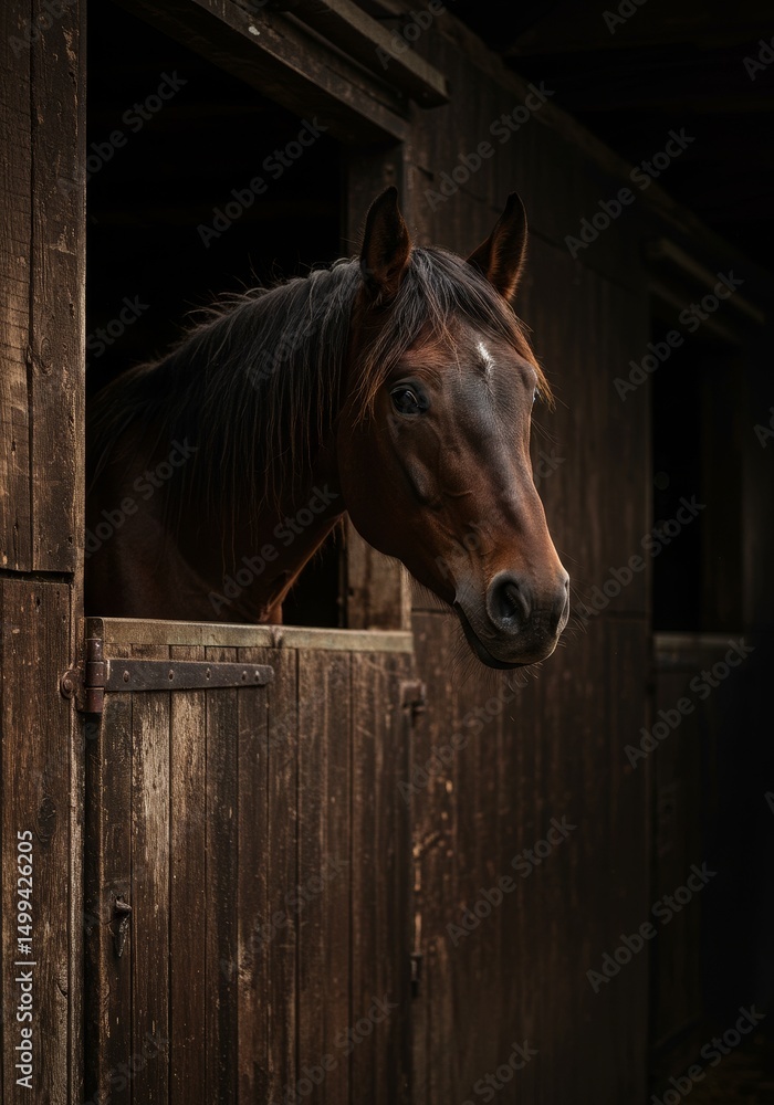 Obraz premium Majestic Horse in Stable - A beautiful brown horse peers from its stable stall, dark wood background