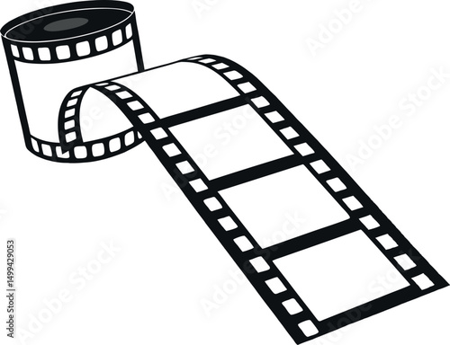 Simple, black and white graphic of a film reel and strip.