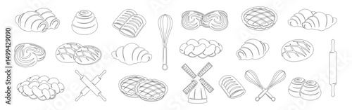 Bread, croissant, bun, apple pie continuous one line drawing icon set isolated on a white background. Whisk, rolling pin, windmill elements. Outline bakery collections. Vector illustration