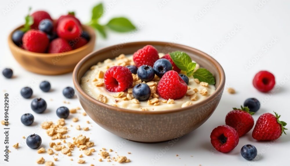 A healthy breakfast with a bowl of oatmeal topped with berries. This image evokes freshness and vitality, with the bright colors of the fruits adding to its appeal A healthy breakfast with a bowl of oatmeal topped with berries. This image evokes freshness and vitality, with the bright colors of the fruits adding to its appeal