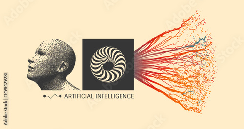 Man and the branching system of points depicting the focus of thoughts and consciousness. The concept of development and concentration. Artificial intelligence. A time to think. Cover design template.