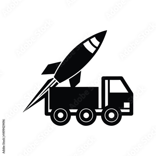 Flat and Minimal A rocket is launched from a truck logo vector illustration isolated on white background