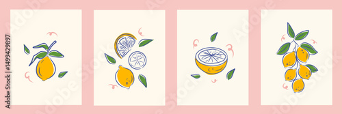 Citrus fruits abstract poster set. Contemporary print with hand drawn lemon, fruit slice and leaves. Dolce vita aesthetics. Italian summer vacation. Elegant design for card, banner, menu, cover.