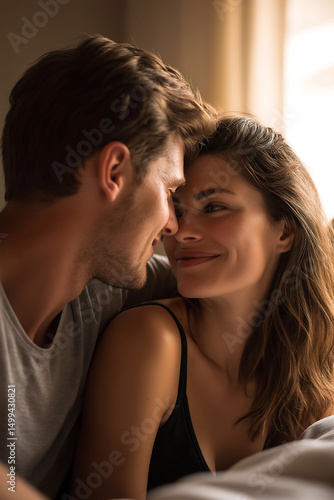 Happy couple with eye contact and romantic embrace on bedroom enjoy moment and love passion. Caring, Love, Support, Trust, Bonding and romance together. Loving couple on bed
