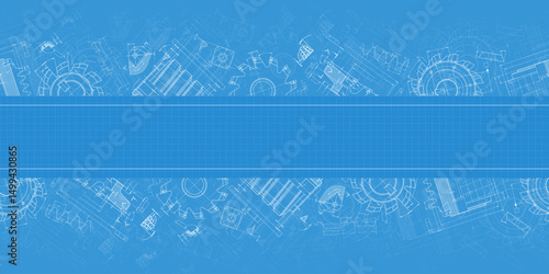 Mechanical engineering drawings on blue background. Cutting tools, milling cutter. Technical Design. Cover. Blueprint. Horizontal seamless pattern. Vector illustration.