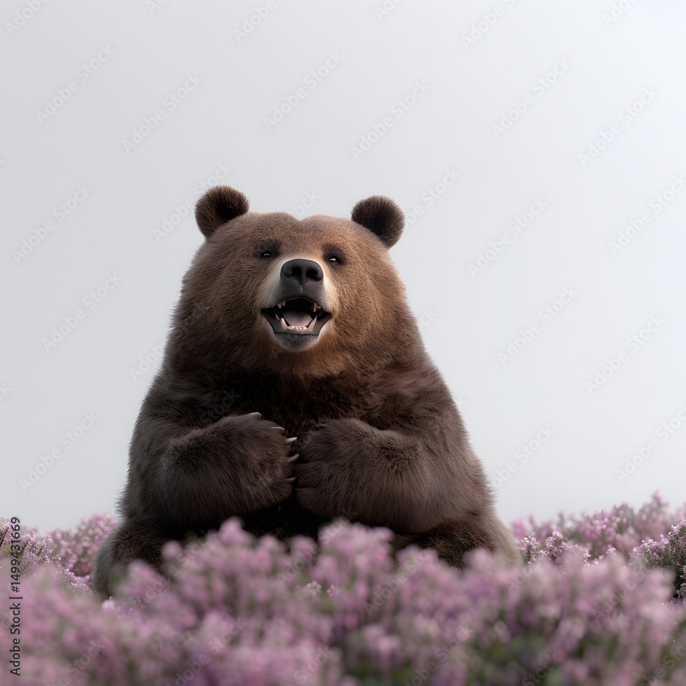 Fototapeta premium Smiling Brown Bear Amidst Delicate Pink Flowers