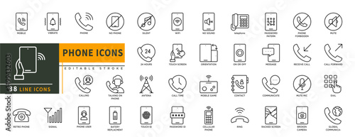 Minimalist Phone line icon set with editable stroke, featuring mobile phone, vibrate, no phone, signal, user, batery replacment, antena, silent, wifi, no sound, message, contact, racked. illustration.