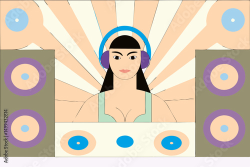 Female DJ with headphones performing at a vibrant music event, surrounded by large speakers and colorful sound waves, creating an energetic atmosphere for the audience