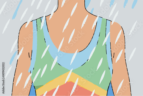 Colorful illustration of a person wearing a tank top, standing in the rain with water droplets falling, conveying a sense of refreshment and vibrant energy in a dynamic environment