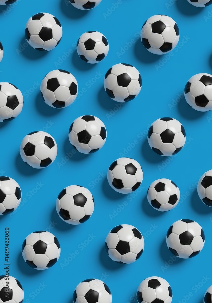 Vibrant Soccer Ball Pattern on Blue - A dynamic and colorful arrangement of soccer balls on a bright blue background. Symbolizing teamwork, competition, energy, victory, and sport Vibrant Soccer Ball Pattern on Blue - A dynamic and colorful arrangement of soccer balls on a bright blue background. Symbolizing teamwork, competition, energy, victory, and sport