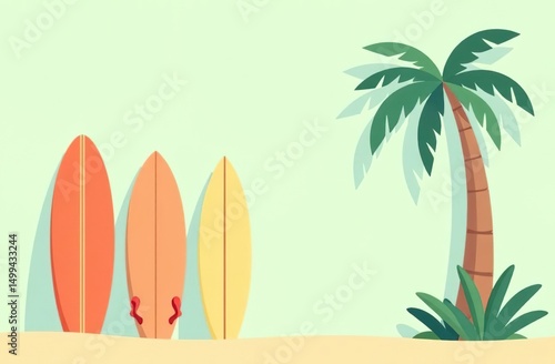 Surf boards on wall with palm tree. Copy space. Template. Design