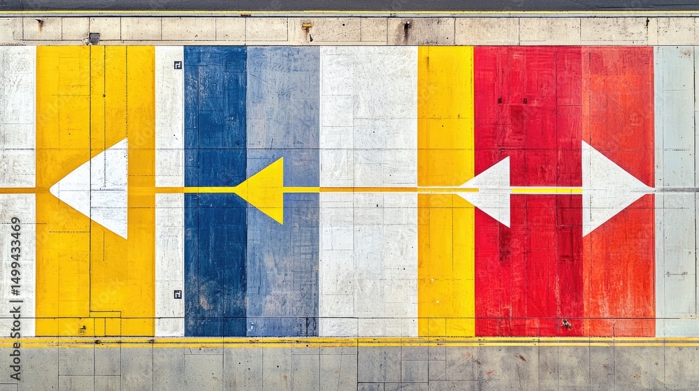 Naklejka premium Abstract top-down view of runway textures and painted arrows in geometric layout