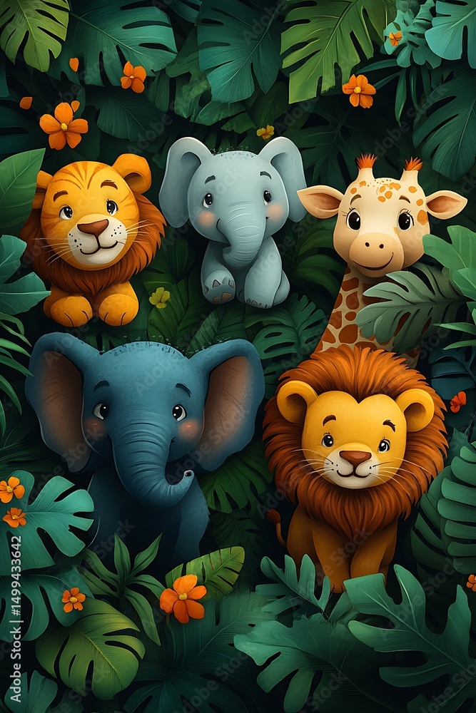 Jungle Safari: Playful illustration of a group of adorable jungle animals, a lion cub, a baby elephant, and a giraffe cub, nestled within vibrant, lush foliage, a scene of joy and innocence. Jungle Safari: Playful illustration of a group of adorable jungle animals, a lion cub, a baby elephant, and a giraffe cub, nestled within vibrant, lush foliage, a scene of joy and innocence.