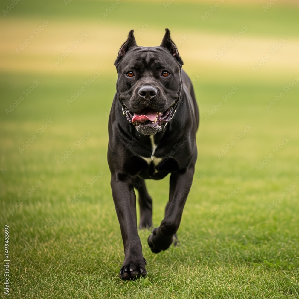 Black muscular dog running on green grass in outdoor park Black muscular dog running on green grass in outdoor park
