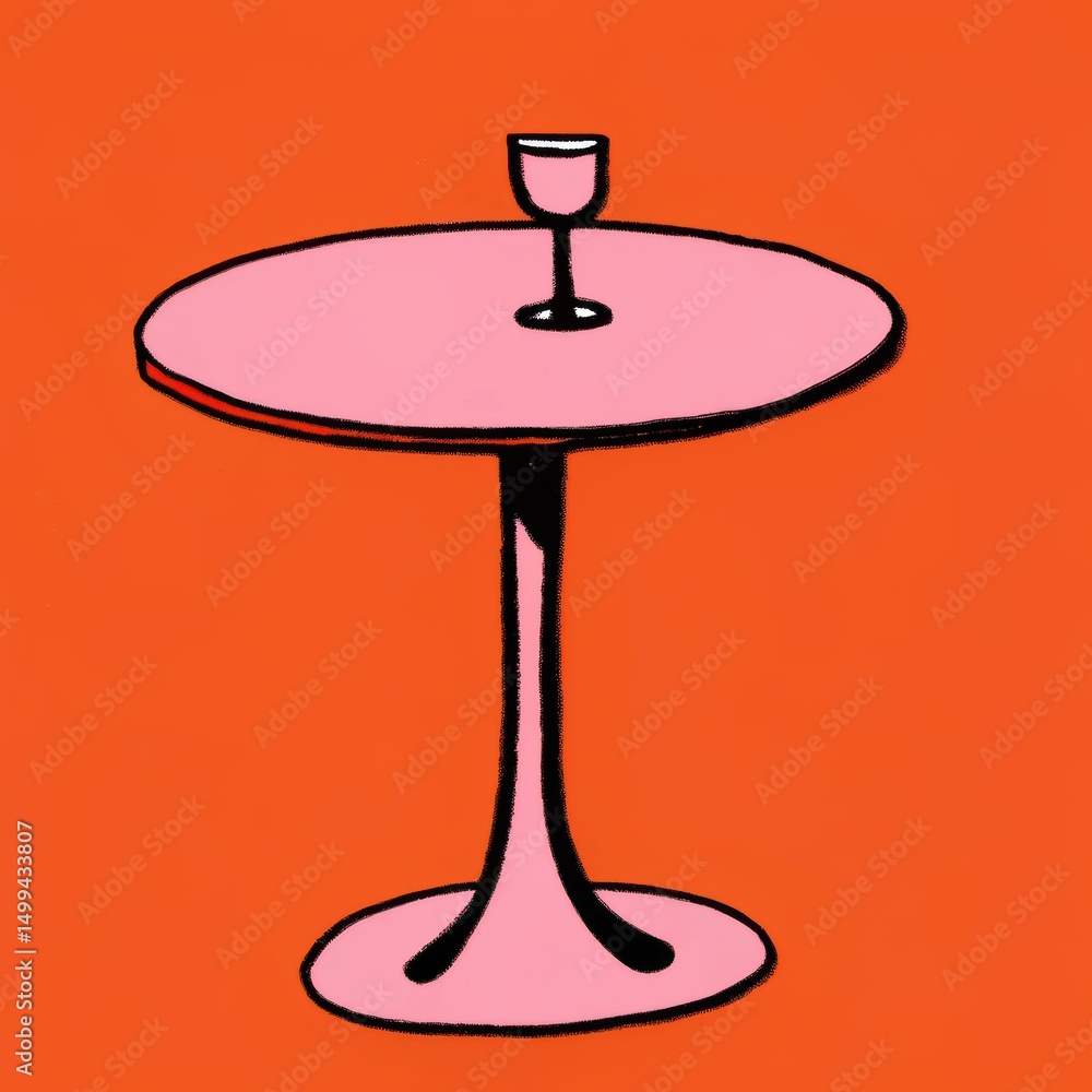 A round pink table with a slender pedestal base sits against a vibrant orange background. Atop the table is a small, minimalistic glass, also in pink, positioned centrally, emphasizing simplicity. A round pink table with a slender pedestal base sits against a vibrant orange background. Atop the table is a small, minimalistic glass, also in pink, positioned centrally, emphasizing simplicity.