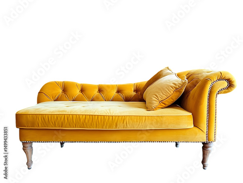 Elegant mustard-yellow chaise lounge with plush velvet upholstery and wooden legs, featuring button tufting and a coordinating pillow