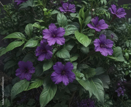 Intricate purple flower, lush green leaves, botanical detail , botany, plant