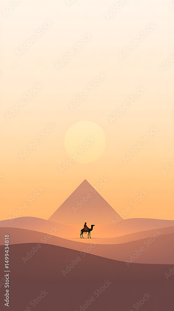 Fototapeta premium A minimalist illustration depicts a traveler on a camel silhouetted against a desert landscape featuring a pyramid and a setting sun, showcasing a serene journey.