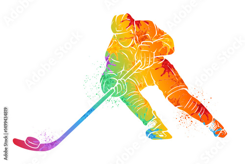 Hand drawn colorful abstract ice hockey player silhouette with shiny watercolor splashes, skating and hitting the puck