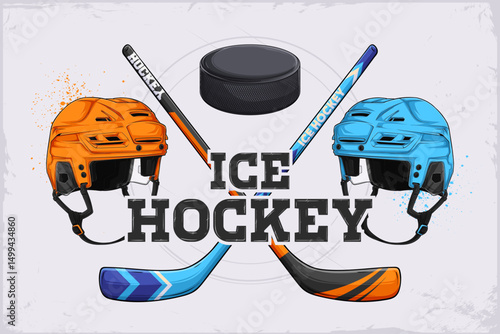 Hand drawn ice hockey equipment for seniors, pair of colorful crossed hockey sticks, protective helmets and black rubber puck