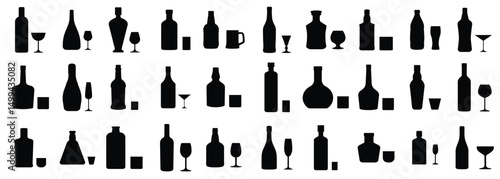 Alcohol bottle and glasses silhouette collection. Black alcohol drinks icon. Set of bar drinks bottle and glasses. Vector