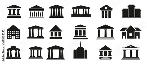 Bank icons. Set of different museum icons. Simple bank signs. Black architecture icons. Vector