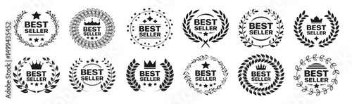 Best seller badge collection. Set of best seller emblem with laurel wreath, crown and star icon. Best seller label collection. Best seller icons for product label