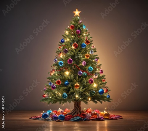 Dazzling Christmas tree, colorful ornaments, fairy lights glow, wonderland, holiday