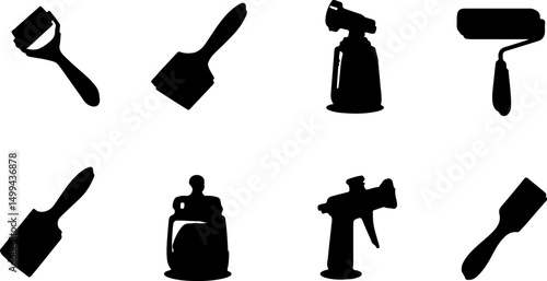 Create a kinds of paints collection vector illustrations silhouette with white background.