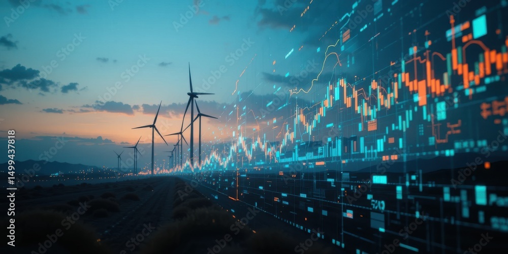 Fototapeta premium Renewable Energy Wind Turbines with Digital Financial Graph Overlay at Sunset in a Sustainable Landscape