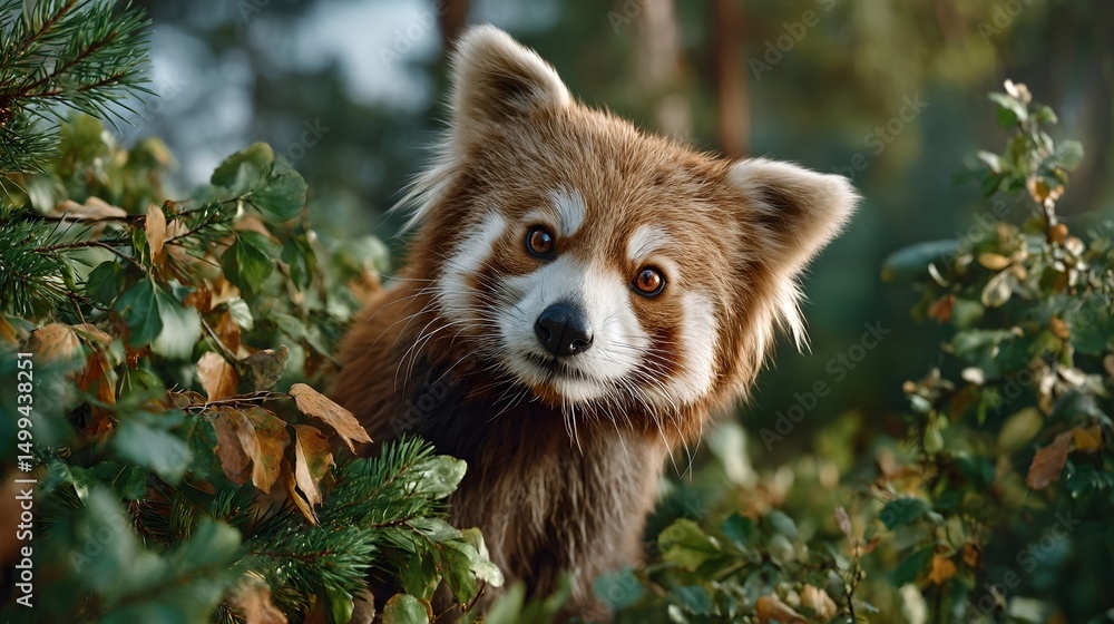 Fototapeta premium adorable group of red pandas peering down into the camera, captured from below with a wide angle lens, surrounded by vibrant autumn leaves
