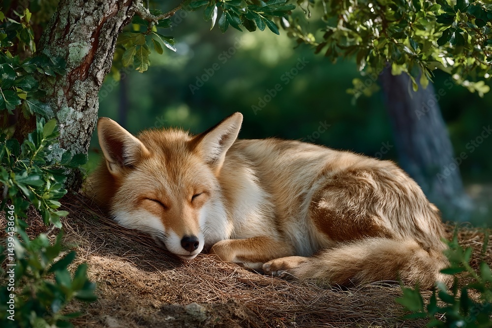 Fototapeta premium curled fox, leaf bed, amber & russet hues, dappled sunlight, shallow focus, forest floor backdrop, warm light, serene, nature , shimmering ethereal