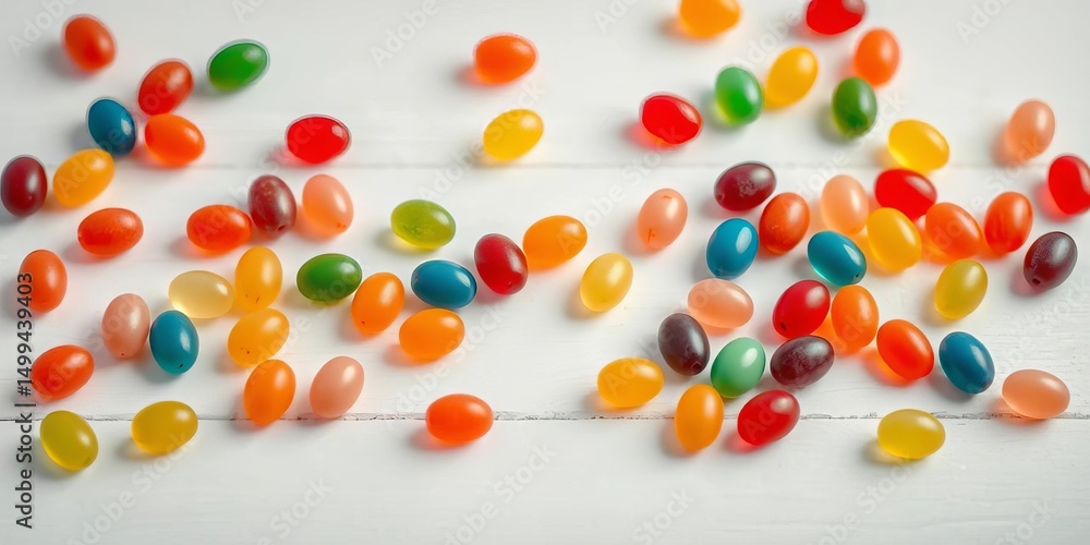 Colorful jelly beans arranged on white wood background with copy space, colorful food, colorful candies Colorful jelly beans arranged on white wood background with copy space, colorful food, colorful candies