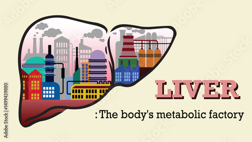 Creative anatomical illustration of the human liver portrayed as an industrial factory, symbolizing its crucial role in metabolism and detoxification. Ideal for educational use in biology, medicine.