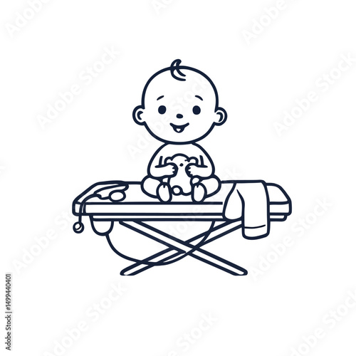 Happy Baby Sitting on a Medical Examination Table, Holding a Teddy Bear, with Stethoscope and Cloth Nearby, Pediatric Healthcare Vector Art