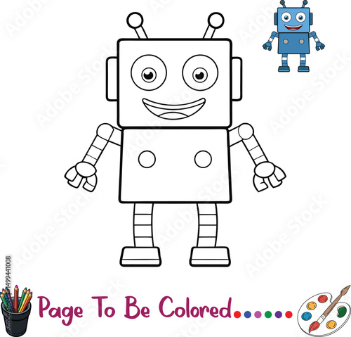 Cartoon robot coloring page for children. Great for printable activities, STEM learning, and creative preschool fun.


