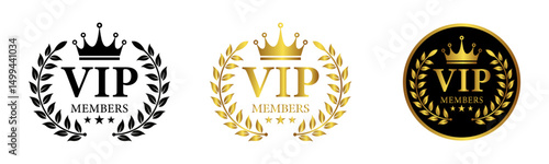 VIP Member Crown Badge Icon Set with Laurel Wreath Design