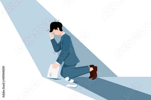 Young businessman in blue suit sitting on the floor holding documents in his hand and looking disappointed. Economic downturn illustration concept.