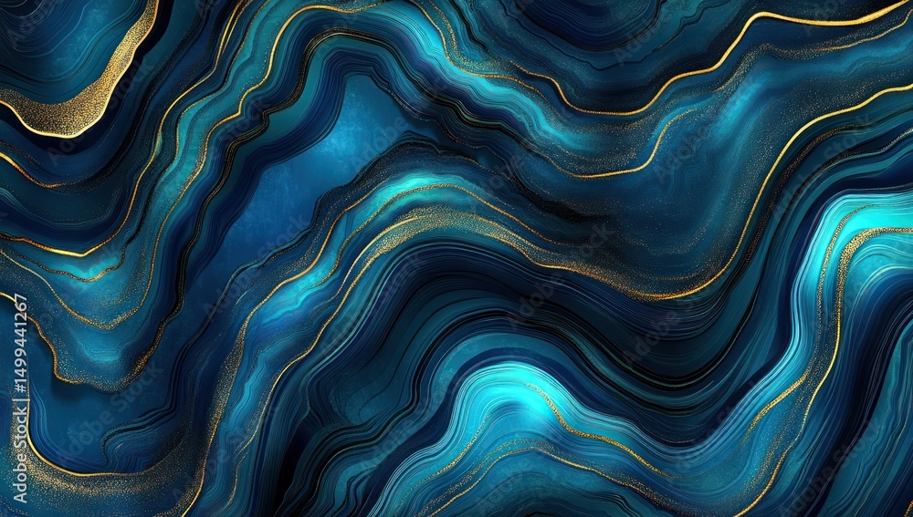 Obraz premium Abstract marbled design with deep blues, turquoise, and gold