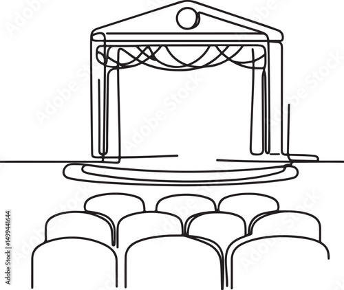 Minimalist line drawing of theater stage with curtain and empty seats