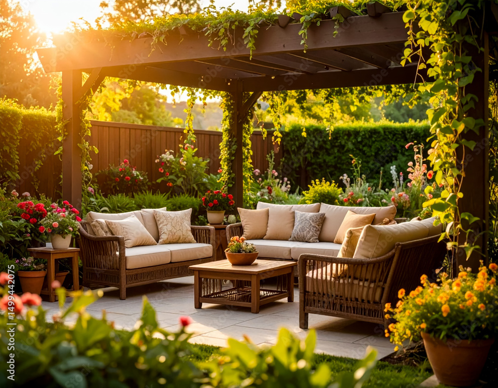 custom made wallpaper toronto digitalCozy garden seating area under a pergola surrounded by vibrant flowers in the late afternoon sun