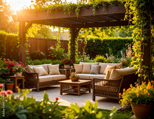 Fototapeta Naklejka Na Ścianę i Meble -  Cozy garden seating area under a pergola surrounded by vibrant flowers in the late afternoon sun