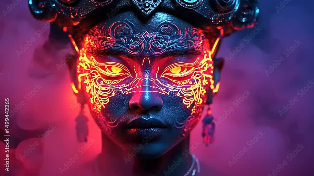 Ethereal portrait of a figure with glowing facial markings and vibrant colors Ethereal portrait of a figure with glowing facial markings and vibrant colors