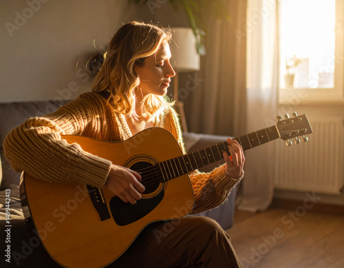 Woman playing acoustic guitar in cozy living room during golden hour light