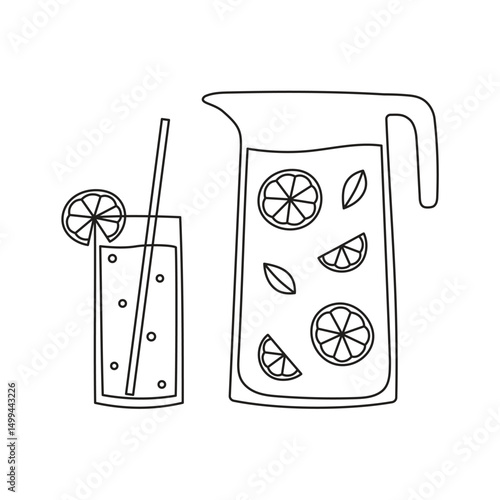 Outline lemonade in a jug and a glass. Editable stroke. Line art summer drink with lemon and mint leaves