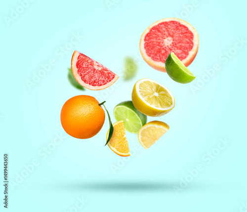 Fototapeta Naklejka Na Ścianę i Meble -  Different fresh citrus fruits falling on light blue background