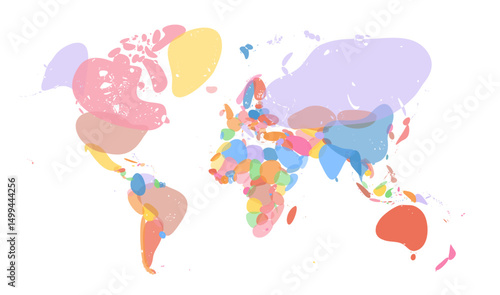 World map, abstract colorful continents, distorted artistic layout. Useful for infographics, education, data visualization, global concepts. Vector illustration